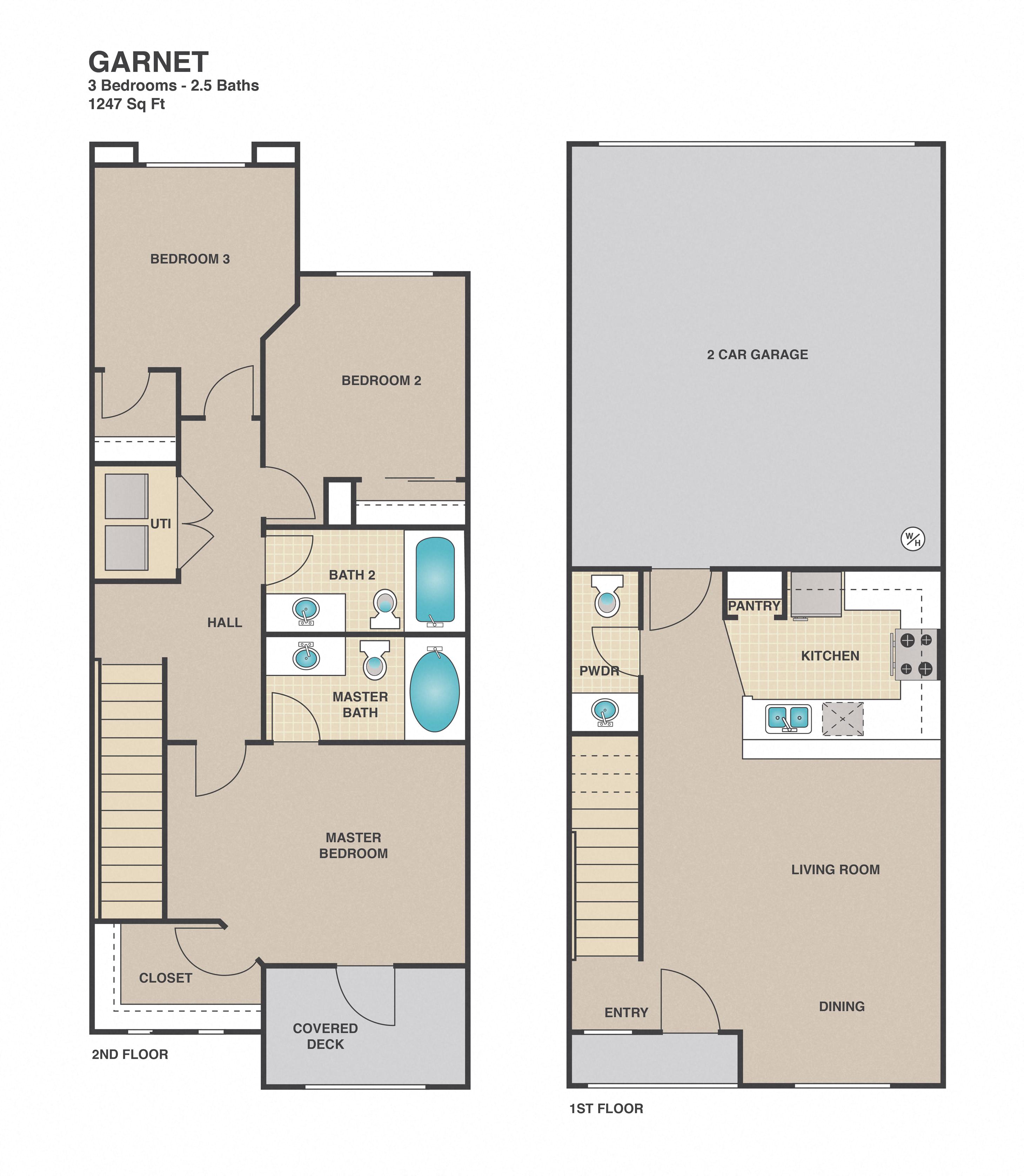Floor plan for 3 beds, 2.5 baths, 1247 sqft